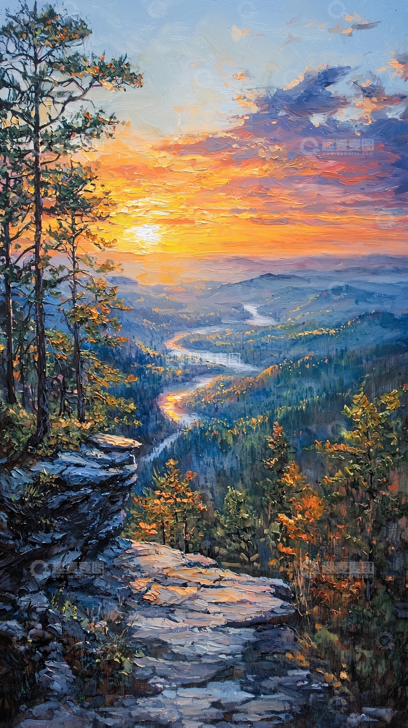 高清大图下载【趣麦麦图】山顶日出河流风景