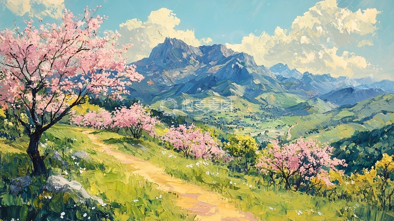 高清大图下载【趣麦麦图】春天山路粉色花朵