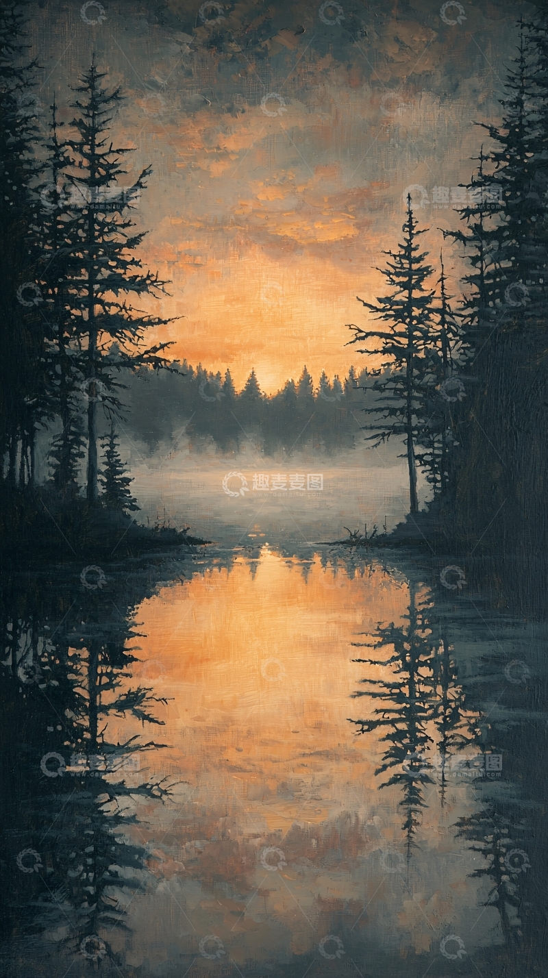 高清大图下载【趣麦麦图】雾气森林湖泊日落