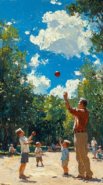 阳光下父亲和孩子们玩耍