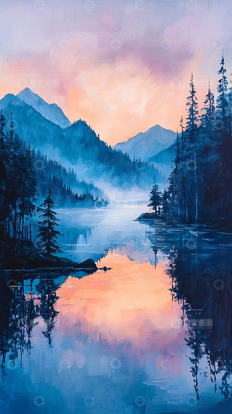 高清大图下载【趣麦麦图】静谧湖泊山峦日落