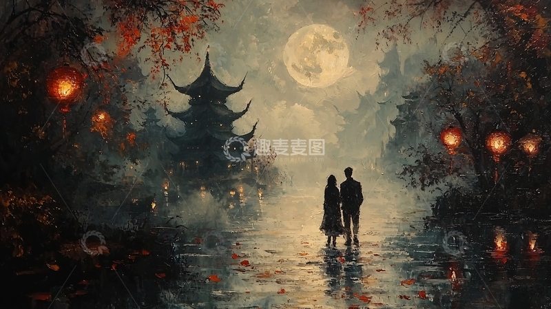 高清大图下载【趣麦麦图】月光下的中式古镇