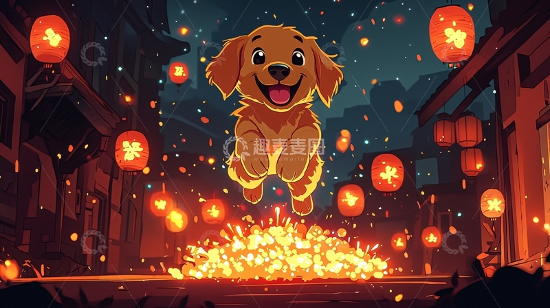 高清大图下载【趣麦麦图】金毛犬飞跃灯火