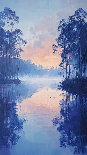 清晨薄雾湖泊树林倒影