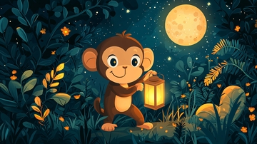 小猴子提灯夜间森林