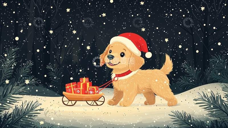 高清大图下载【趣麦麦图】圣诞节金毛犬拉雪橇