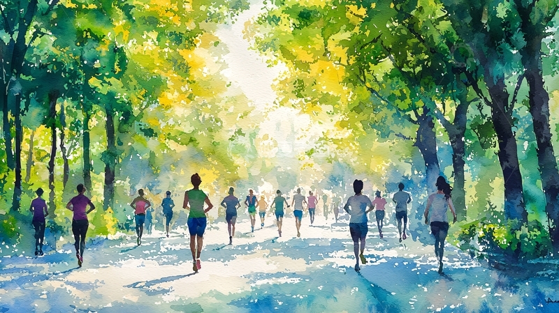 高清大图下载【趣麦麦图】阳光树林跑步人群