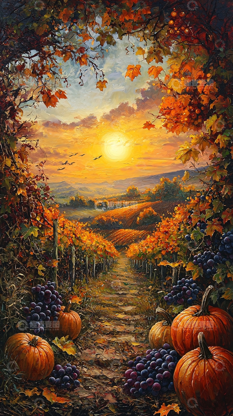 高清大图下载【趣麦麦图】秋日葡萄园小路落日风景