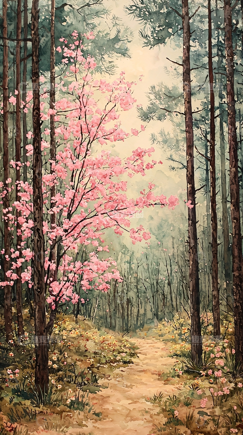 高清大图下载【趣麦麦图】粉红色树木森林小路