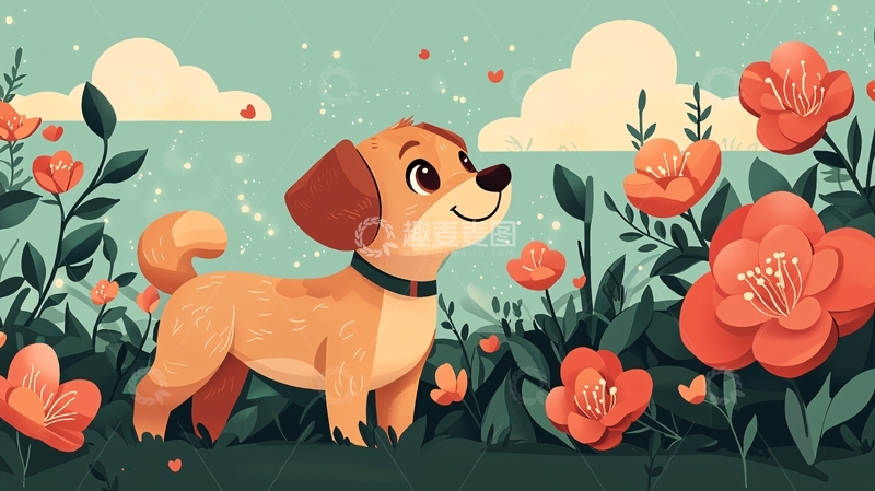 高清大图下载【趣麦麦图】小狗在花丛中玩耍