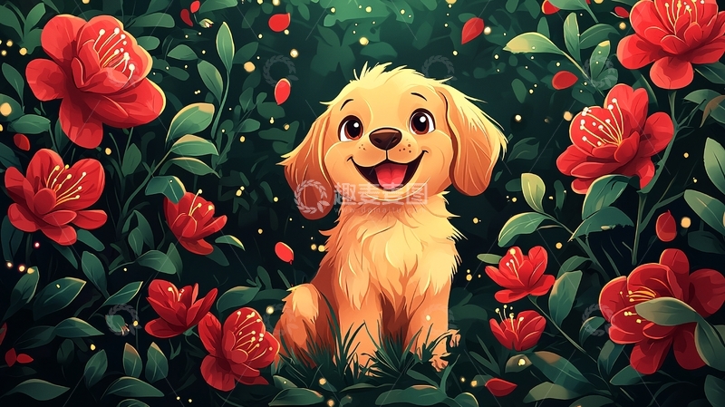 高清大图下载【趣麦麦图】金毛幼犬花丛中