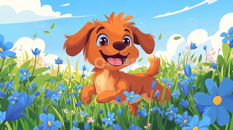 高清大图下载【趣麦麦图】小狗在花田里快乐奔跑