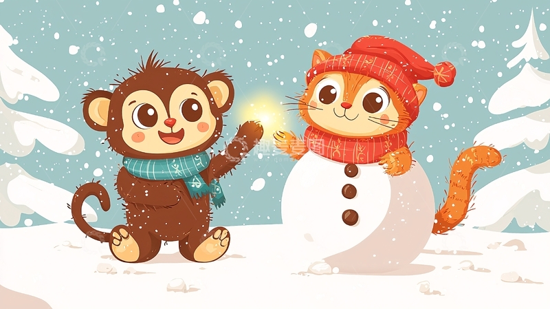 高清大图下载【趣麦麦图】可爱猴子猫咪堆雪人