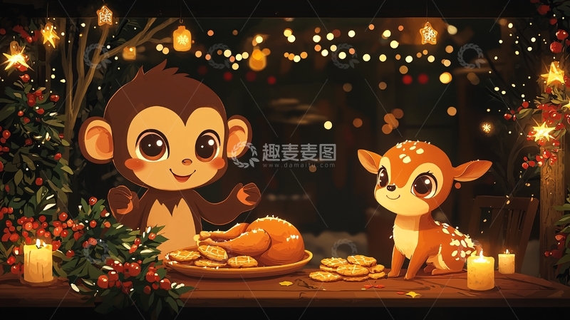 高清大图下载【趣麦麦图】卡通猴子和鹿过圣诞