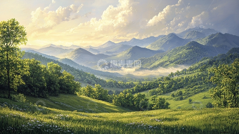 高清大图下载【趣麦麦图】清晨阳光下的山峦田野