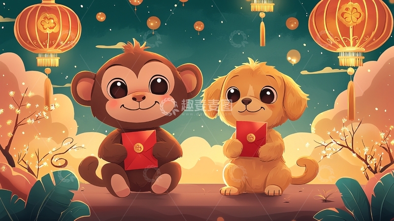 高清大图下载【趣麦麦图】卡通猴子狗狗拜年