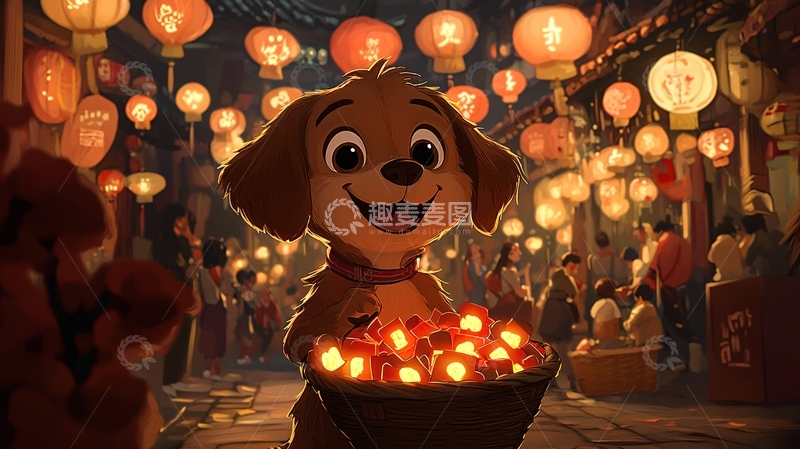 高清大图下载【趣麦麦图】小狗提着灯笼的卡通图片