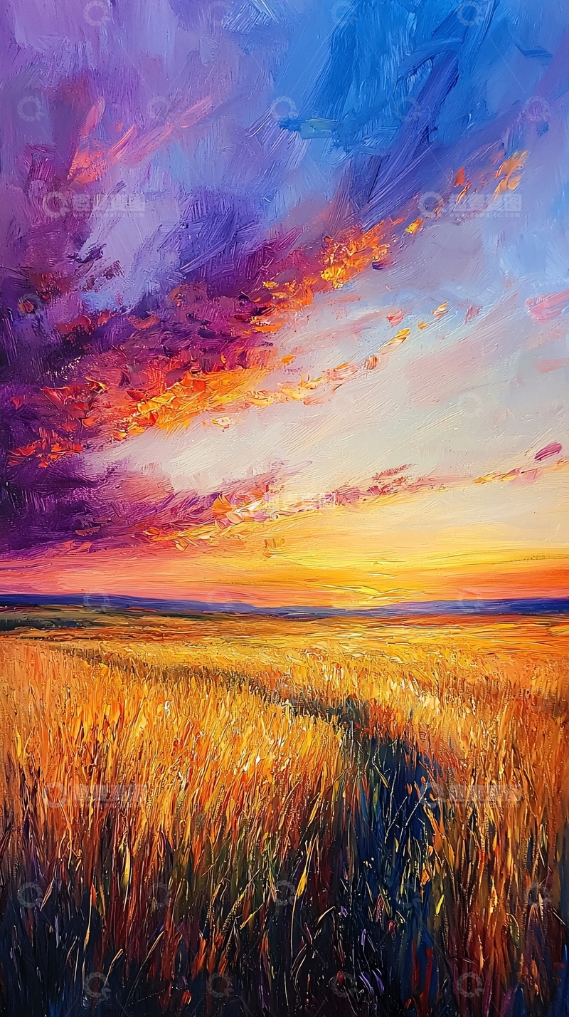 高清大图下载【趣麦麦图】油画风景夕阳麦田
