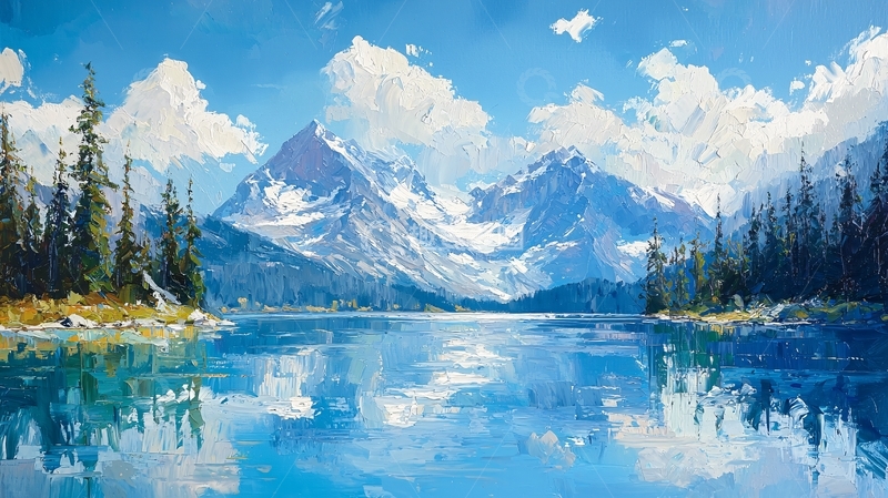 高清大图下载【趣麦麦图】雪山湖泊风景画