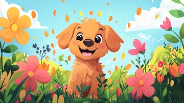 可爱的金毛犬在花丛中