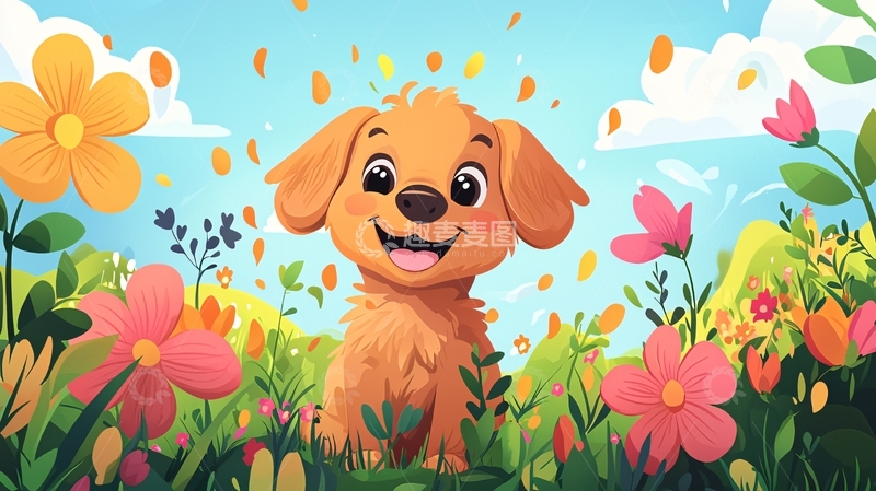 高清大图下载【趣麦麦图】可爱的金毛犬在花丛中