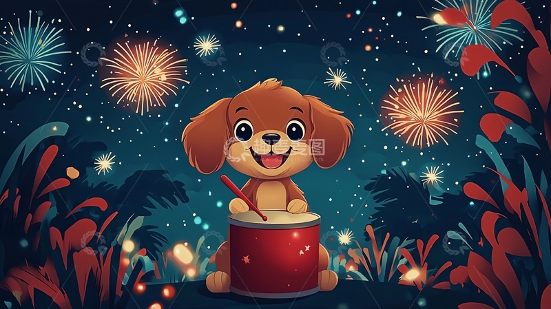 高清大图下载【趣麦麦图】可爱小狗敲鼓庆典
