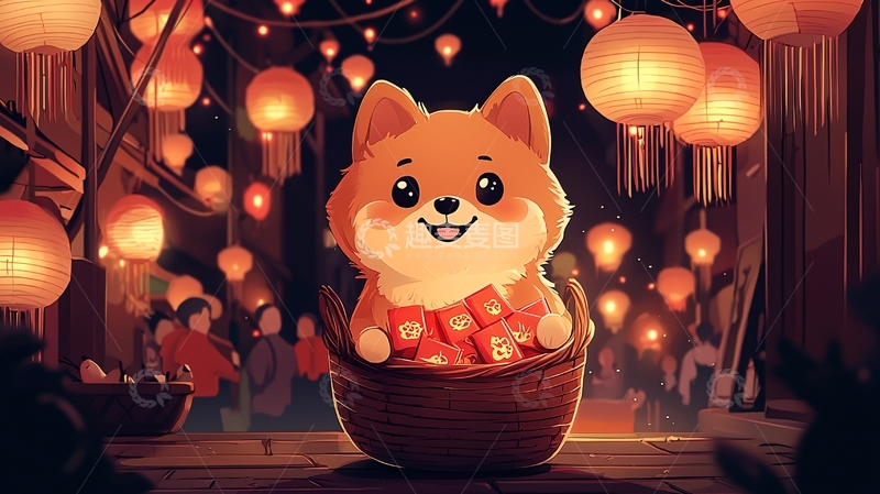 高清大图下载【趣麦麦图】小狗提灯笼新年氛围