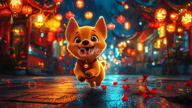 高清大图下载【趣麦麦图】小狗奔跑在灯笼街道