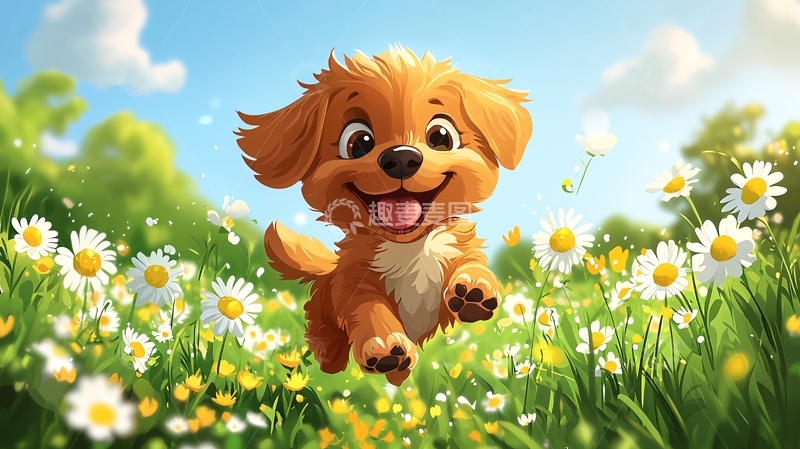 高清大图下载【趣麦麦图】可爱小狗奔跑花田