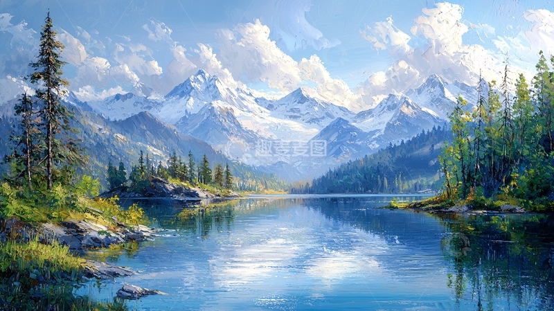 高清大图下载【趣麦麦图】雪山湖泊风景画