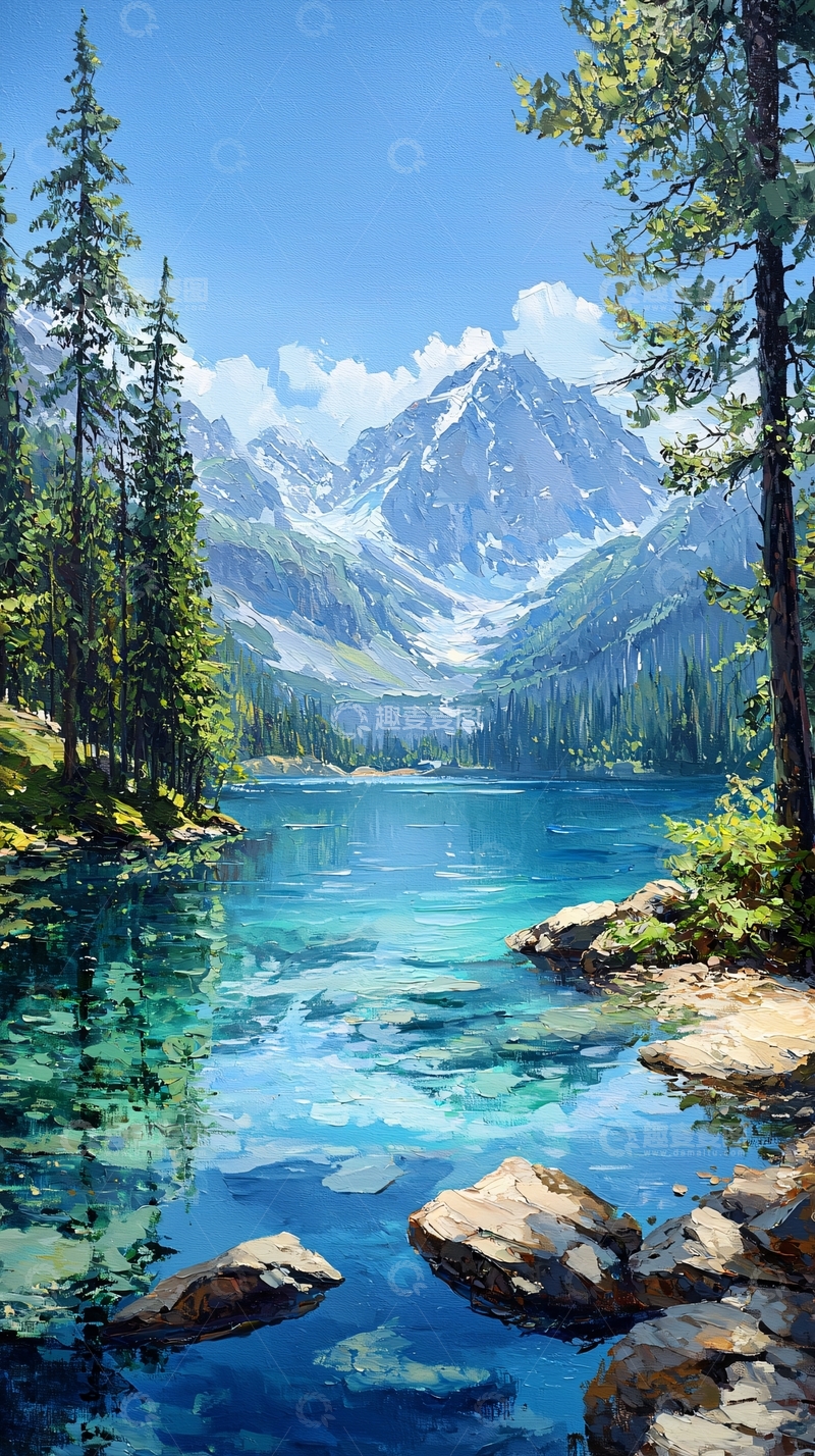 高清大图下载【趣麦麦图】清澈湖泊与雪山美景