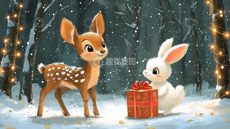 高清大图下载【趣麦麦图】小鹿和兔子圣诞节礼物