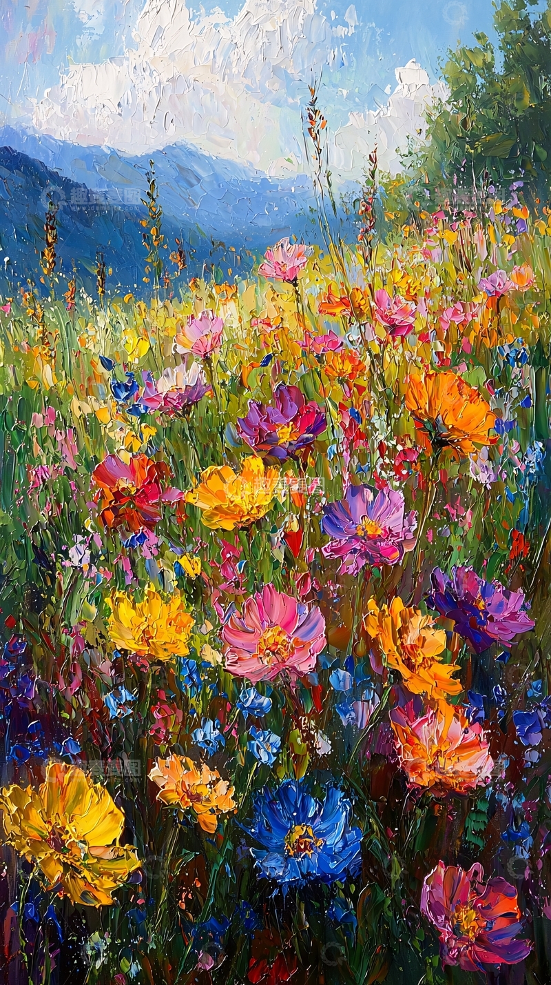 高清大图下载【趣麦麦图】山间野花烂漫油画风景