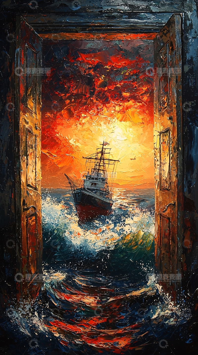 高清大图下载【趣麦麦图】油画门后大海远航