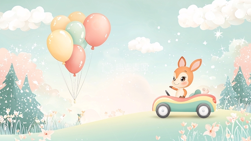 高清大图下载【趣麦麦图】卡通小鹿气球兜风图