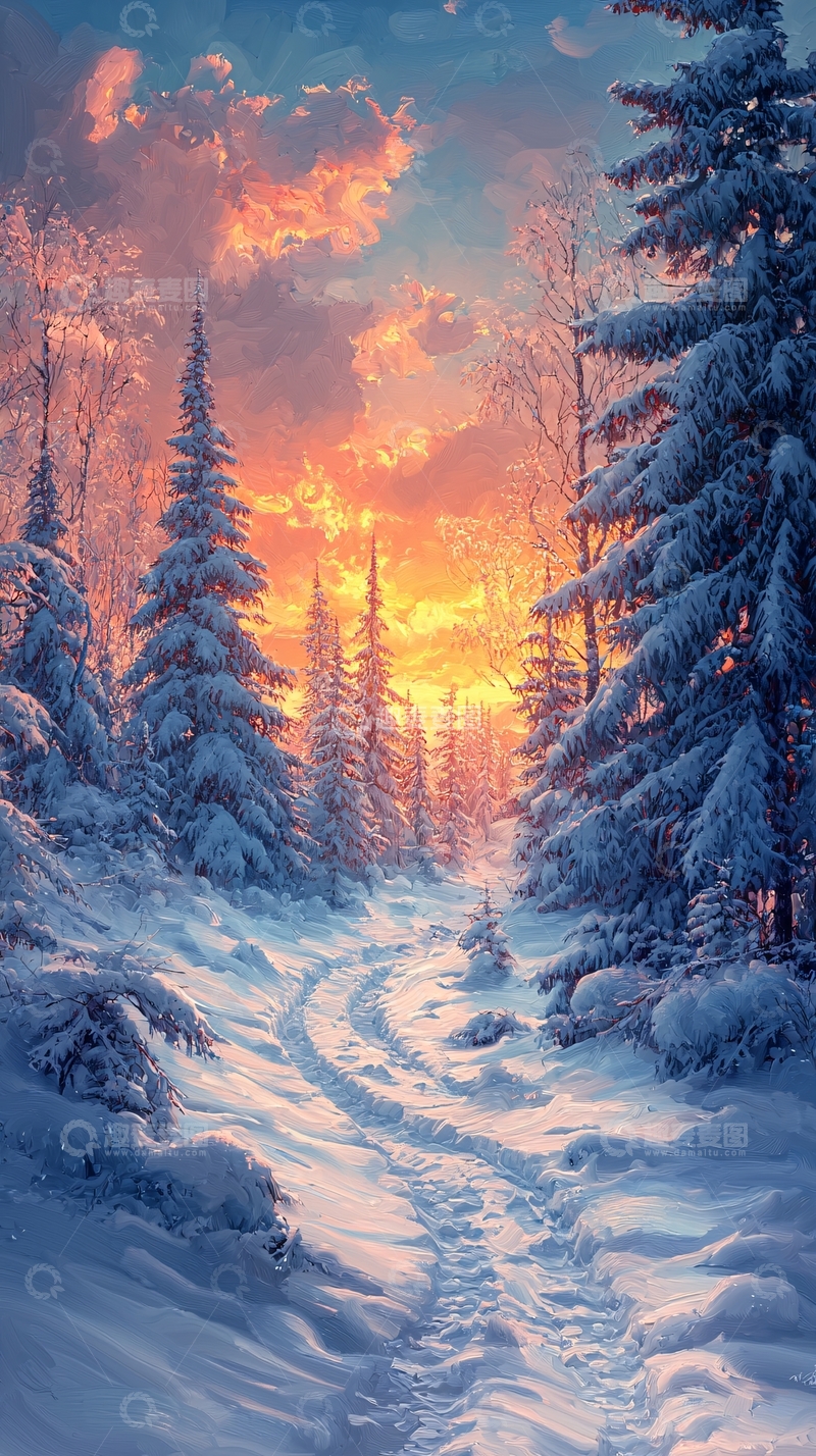 高清大图下载【趣麦麦图】雪地森林日落