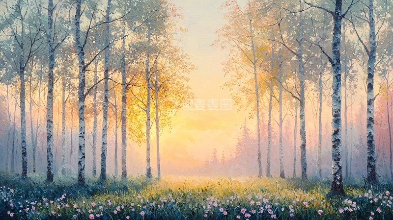 高清大图下载【趣麦麦图】清晨阳光下的白桦林
