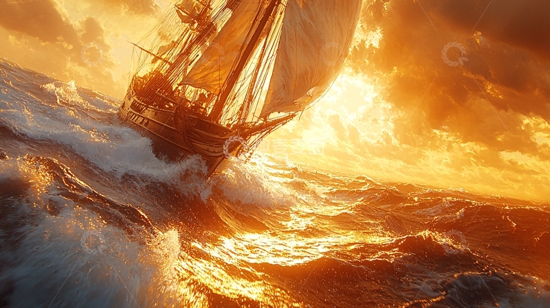 高清大图下载【趣麦麦图】金色夕阳下乘风破浪的帆船