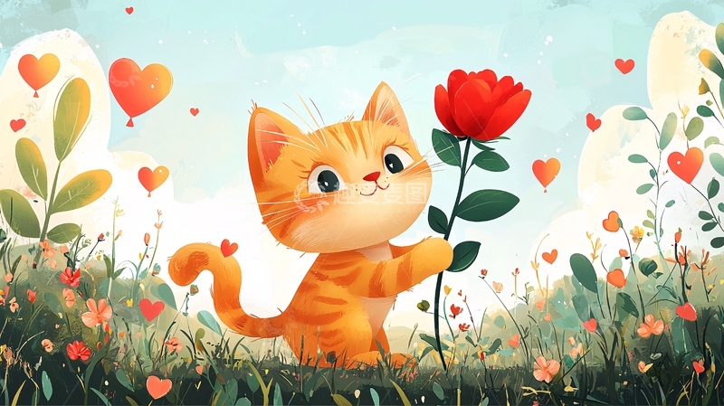 高清大图下载【趣麦麦图】可爱小猫送红玫瑰