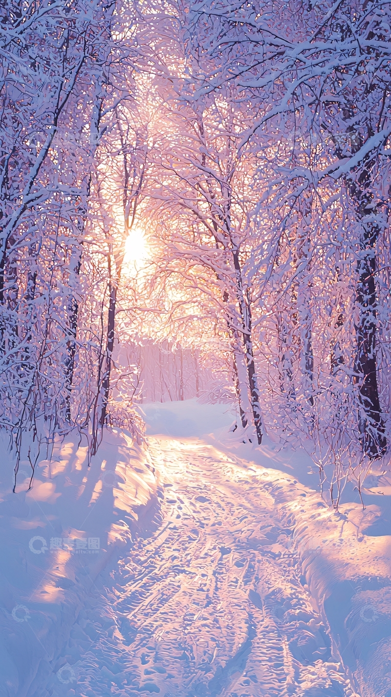 高清大图下载【趣麦麦图】粉雪森林日出小路