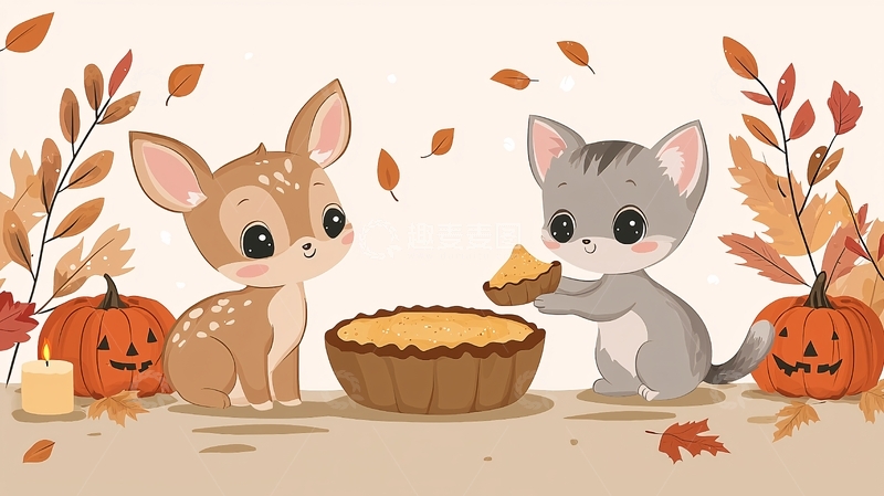高清大图下载【趣麦麦图】可爱小鹿和小猫南瓜派