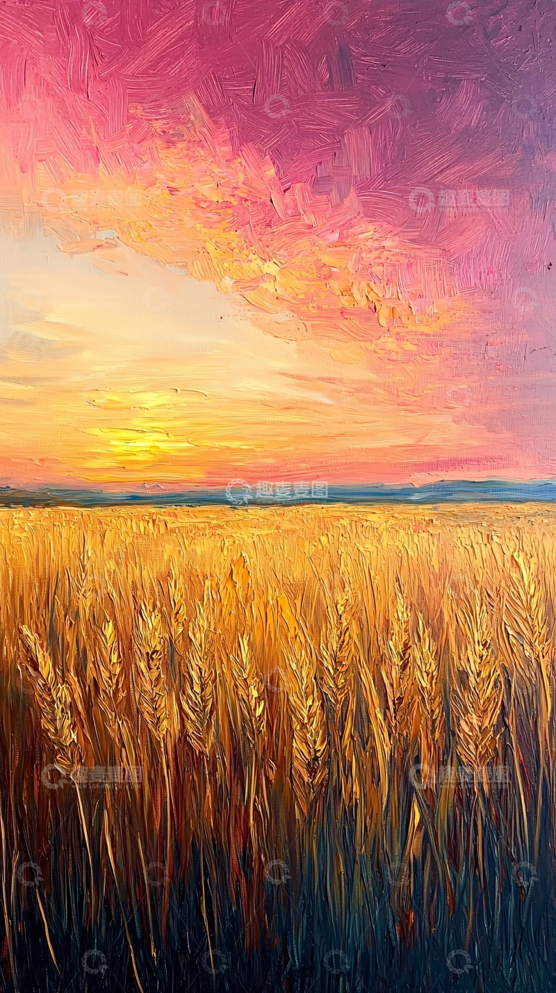 高清大图下载【趣麦麦图】油画夕阳麦田风景