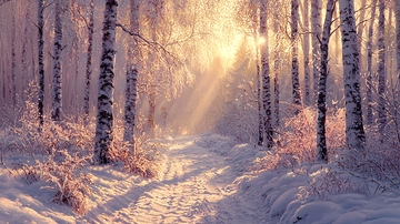 冬日森林阳光洒在雪地小路上