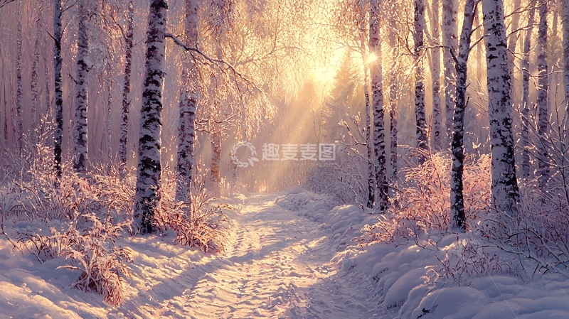 高清大图下载【趣麦麦图】冬日森林阳光洒在雪地小路上