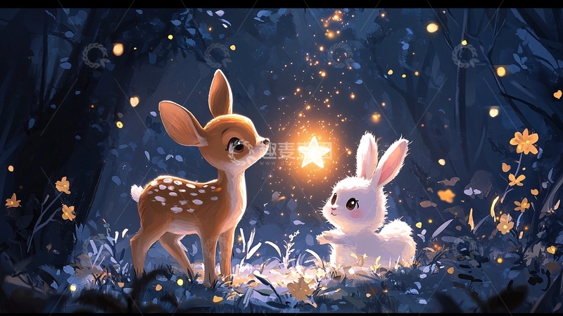 高清大图下载【趣麦麦图】小鹿与兔子萤火森林