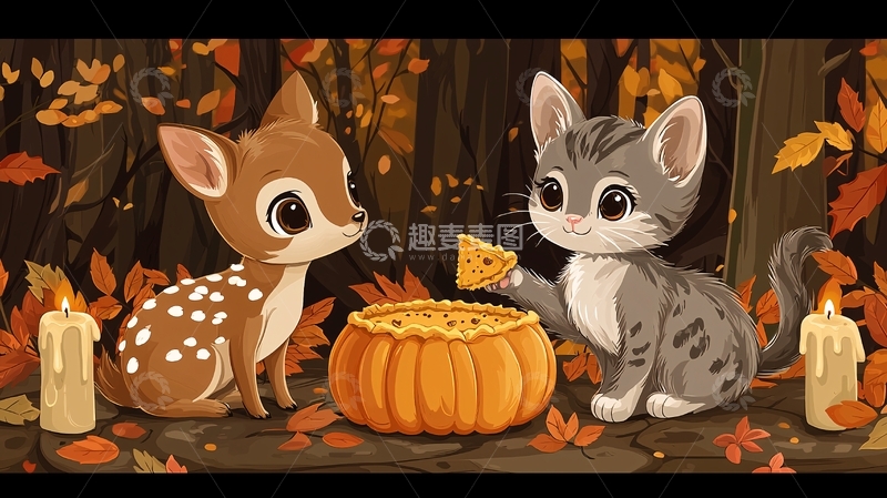 高清大图下载【趣麦麦图】小鹿猫咪秋日南瓜