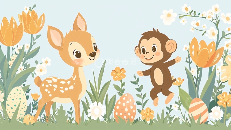 高清大图下载【趣麦麦图】小鹿猴子花朵彩蛋