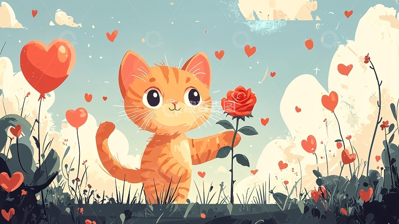 高清大图下载【趣麦麦图】可爱小猫送红玫瑰