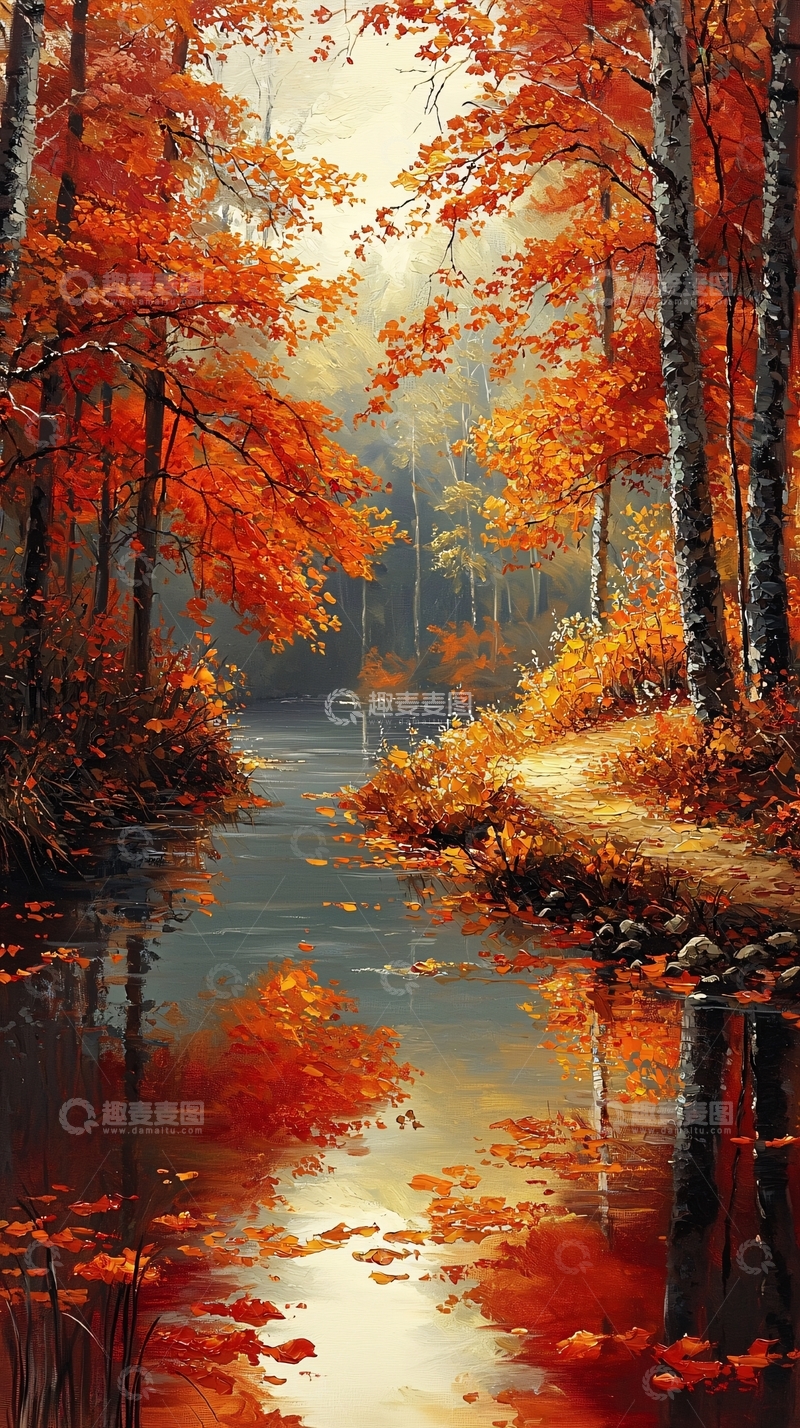 高清大图下载【趣麦麦图】秋日森林小溪风景画
