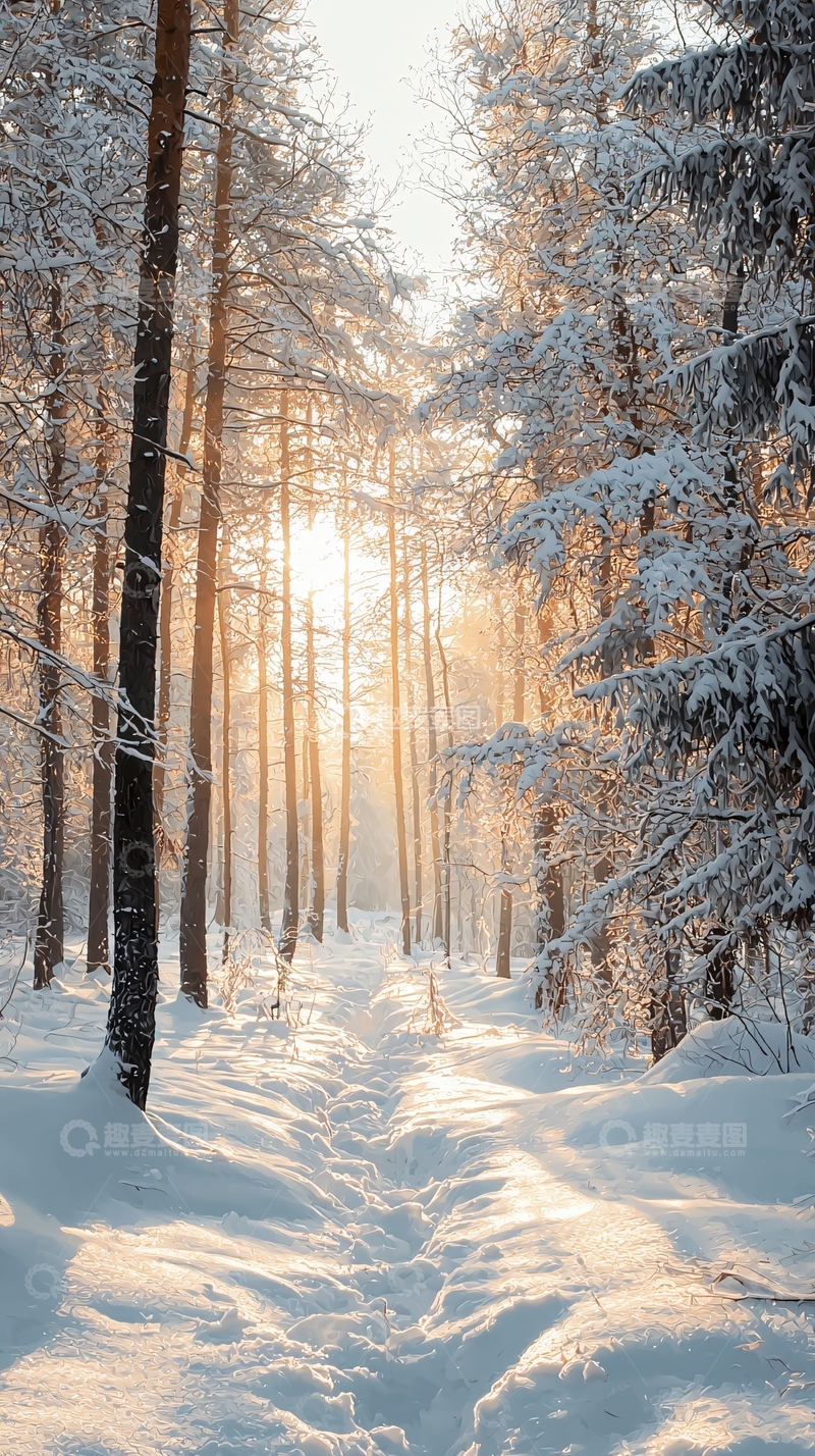 高清大图下载【趣麦麦图】雪地森林日出